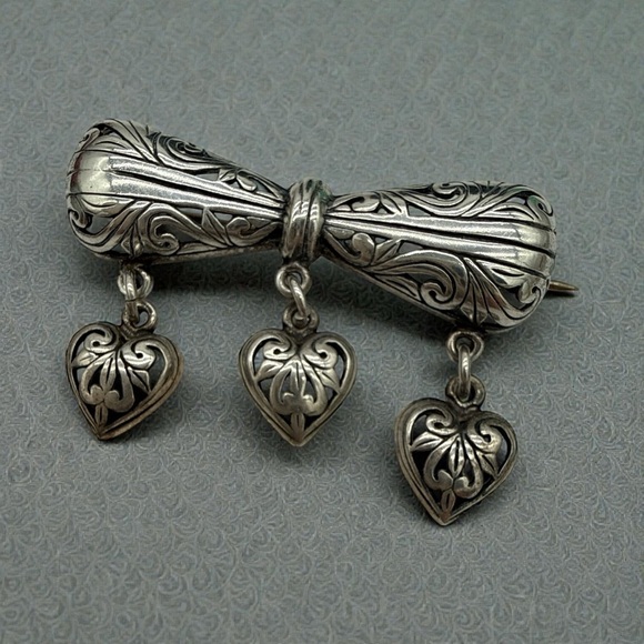 Vintage Jewelry - Vintage JezLaine 925 Silver Heart Charms Filigree Dangle Brooch